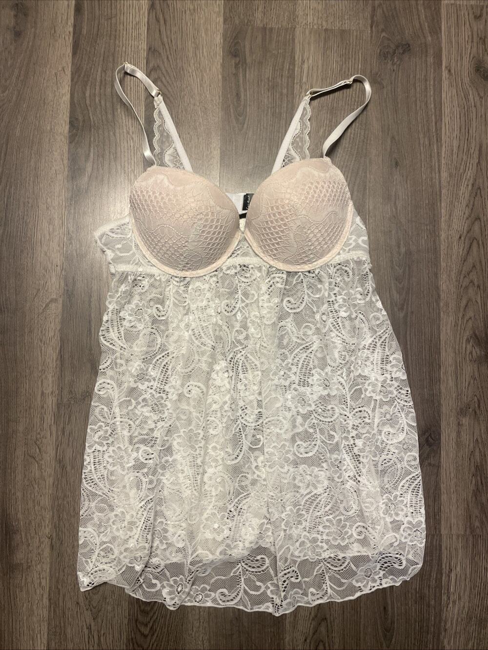 Carrie Amber Intimates Lace Babydoll Chemise Nightgown White Blush Padded Cup XL